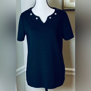 Onque Casual Black Short Sleeve Grommet Detail Ribbed Knit Pullover Size Small